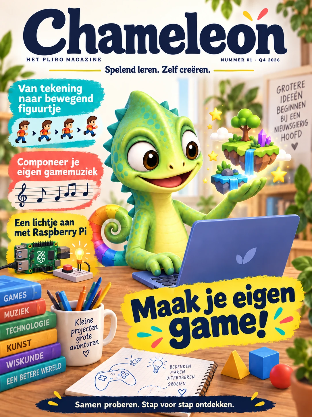 Cover of Chameleon issue 1: Pli creates a game, animation, music and a Raspberry Pi project.
