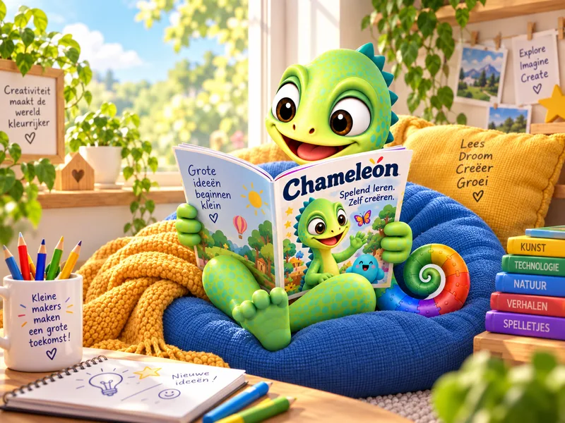 Pli reads Chameleon in a chair, surrounded by books about nature, technology and creativity.