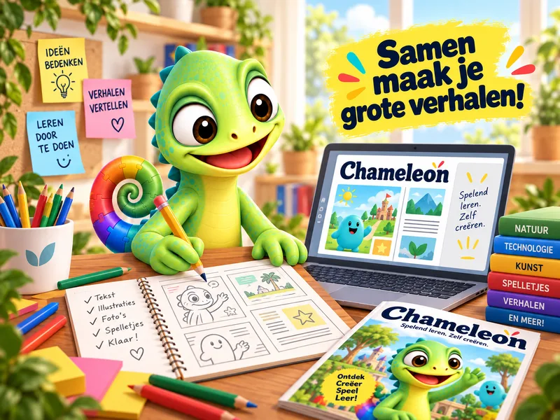 Pli plans a project at a desk with a sketchbook and Chameleon magazine.