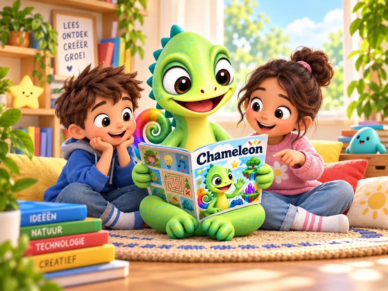 Two children explore Chameleon magazine together with Pli on a sofa.