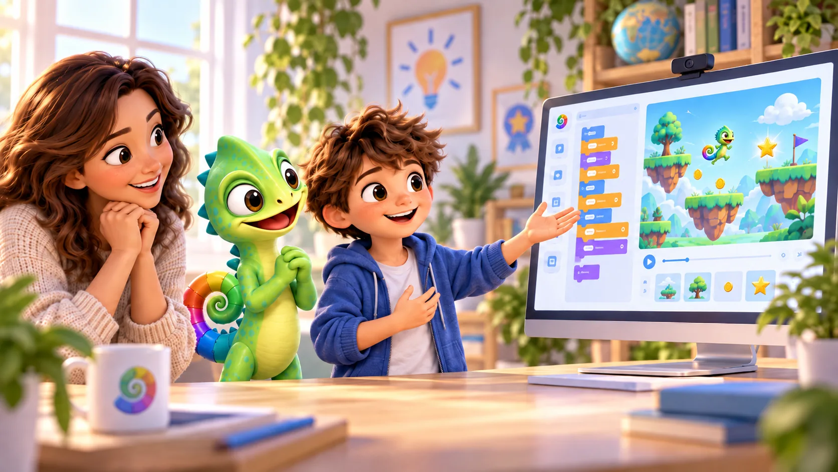 Illustration of a parent and child creating a game together with Pli in a bright workspace.