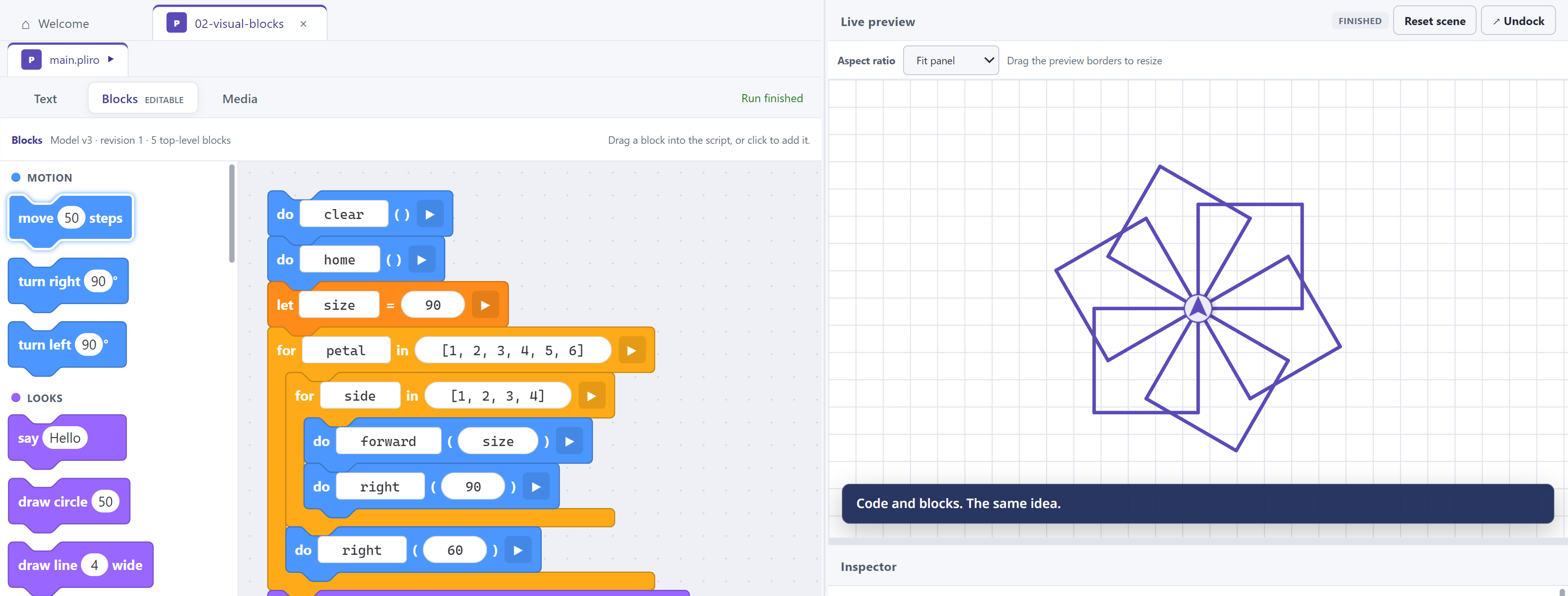 Coloured coding blocks beside a flower-shaped drawing in the Pliro app.