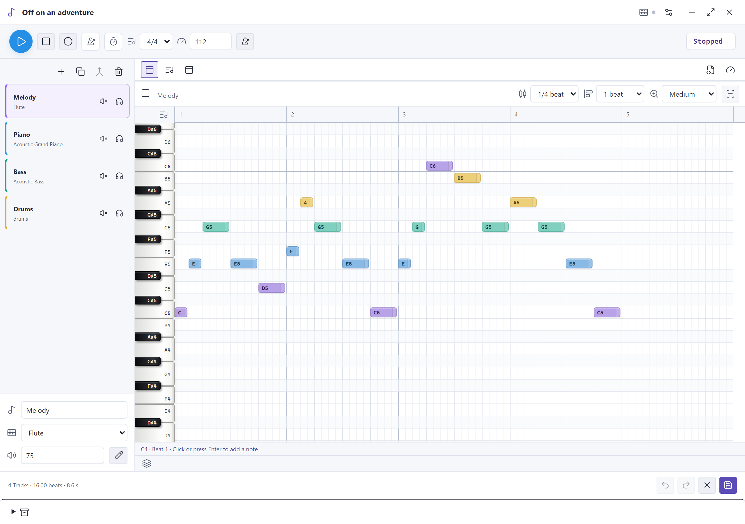 Pliro music composer with different instruments on separate tracks
