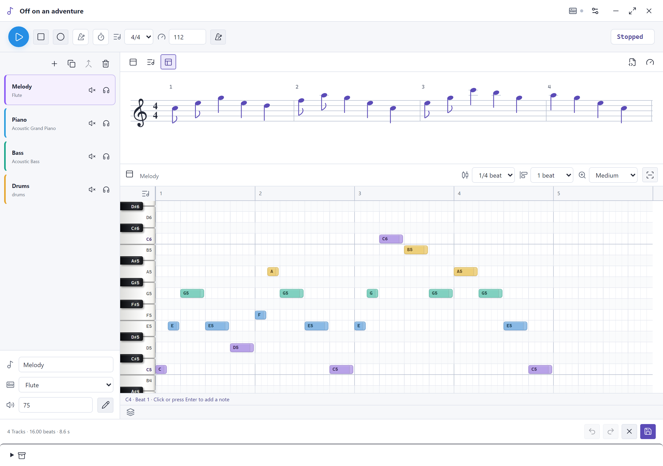 Pliro music composer with notation, a note grid and four instruments