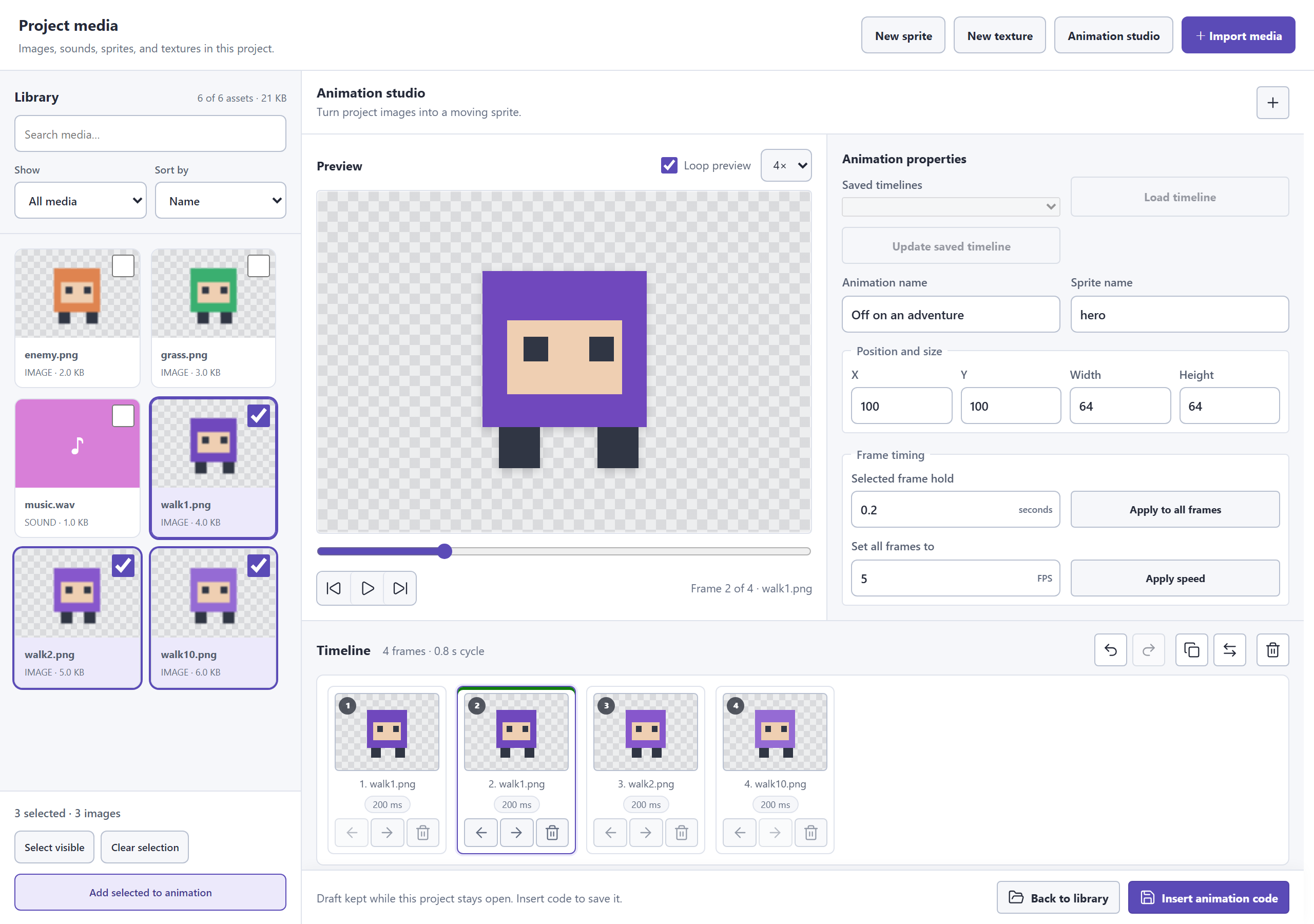 The Pliro animation timeline with consecutive animation frames