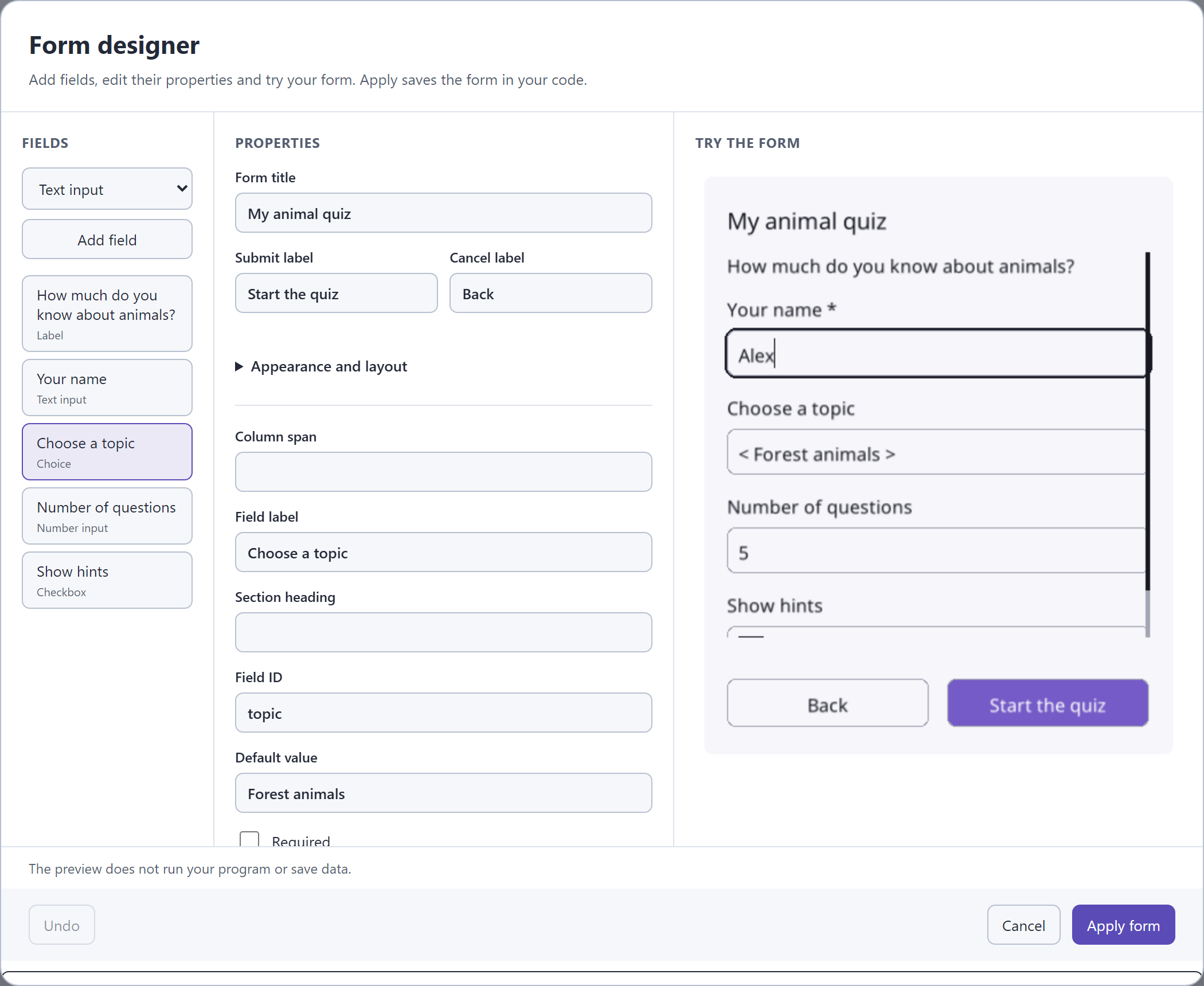 Pliro visual designer for an app screen with buttons and text fields