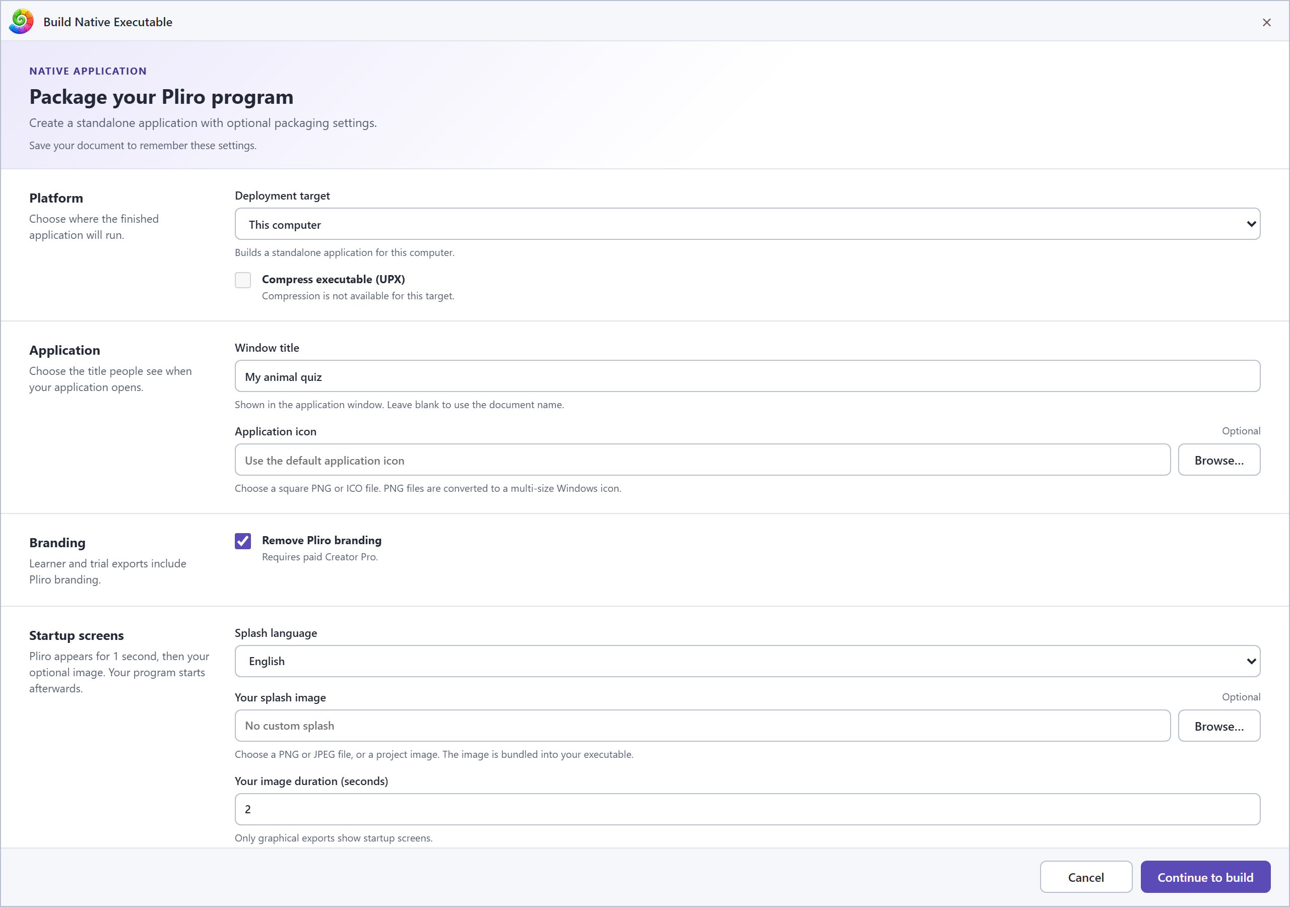 Pliro export window for creating a standalone app