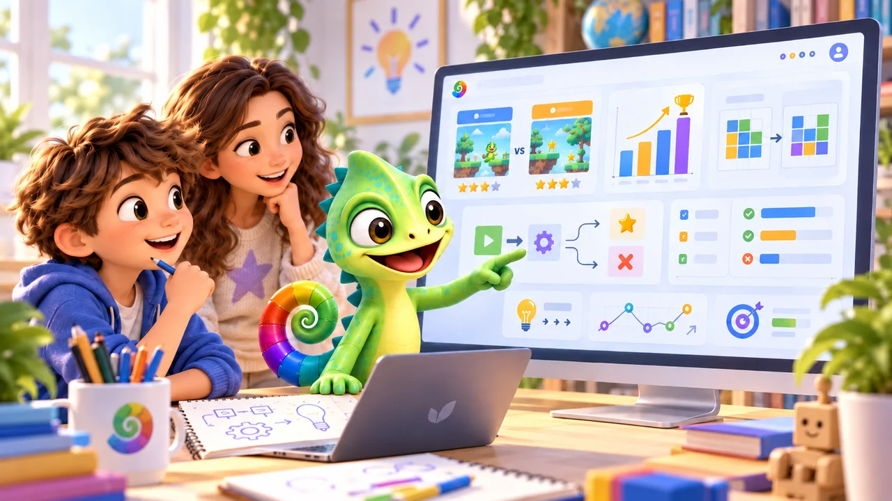 Illustration of a child and an adult exploring patterns, programming steps and solutions together with Pli.
