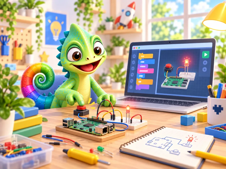 Pli builds a circuit on a worktable, with programming blocks on the screen.