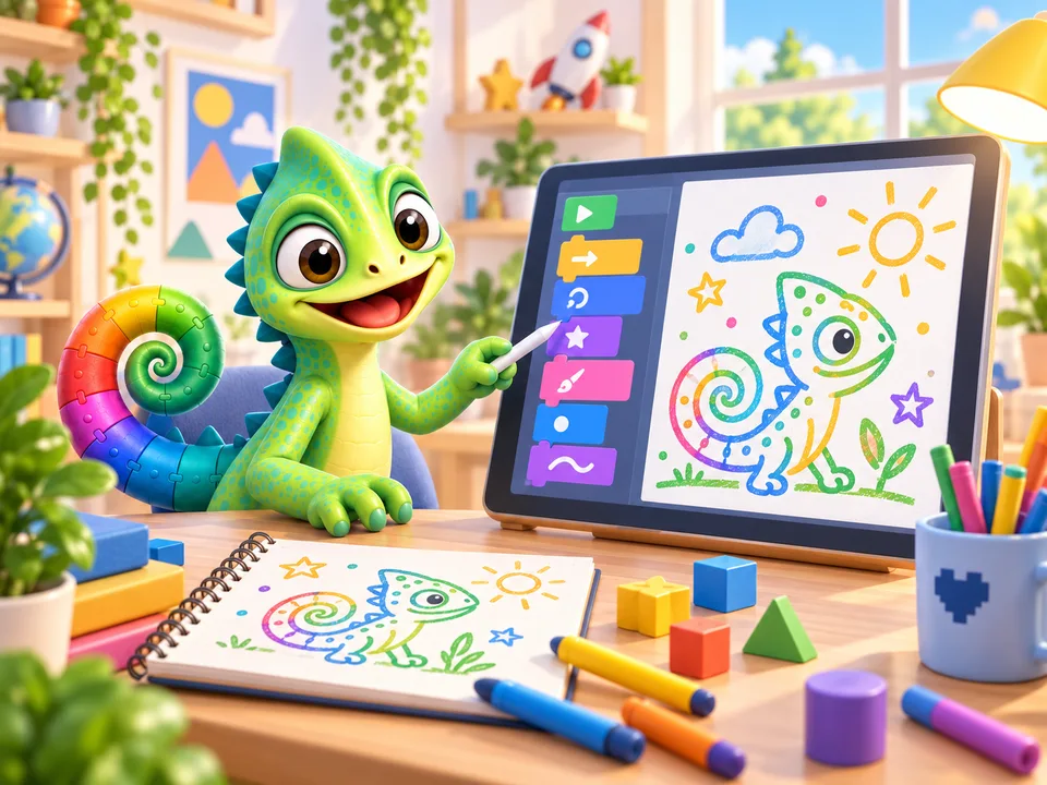 Pli draws shapes and patterns on a tablet beside a screen with code.