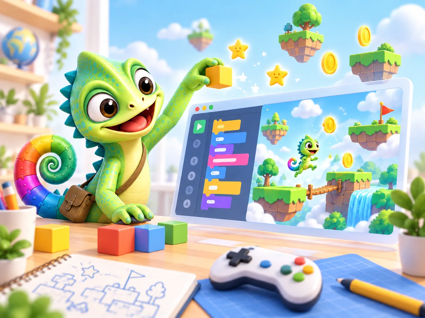 Illustration of Pli making a game with blocks, platforms and a game controller.